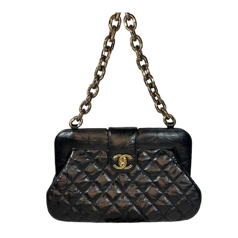 Chanel Frame Shoulder Bag CC Distressed Quilted Leather Black/Gold Thick Chain